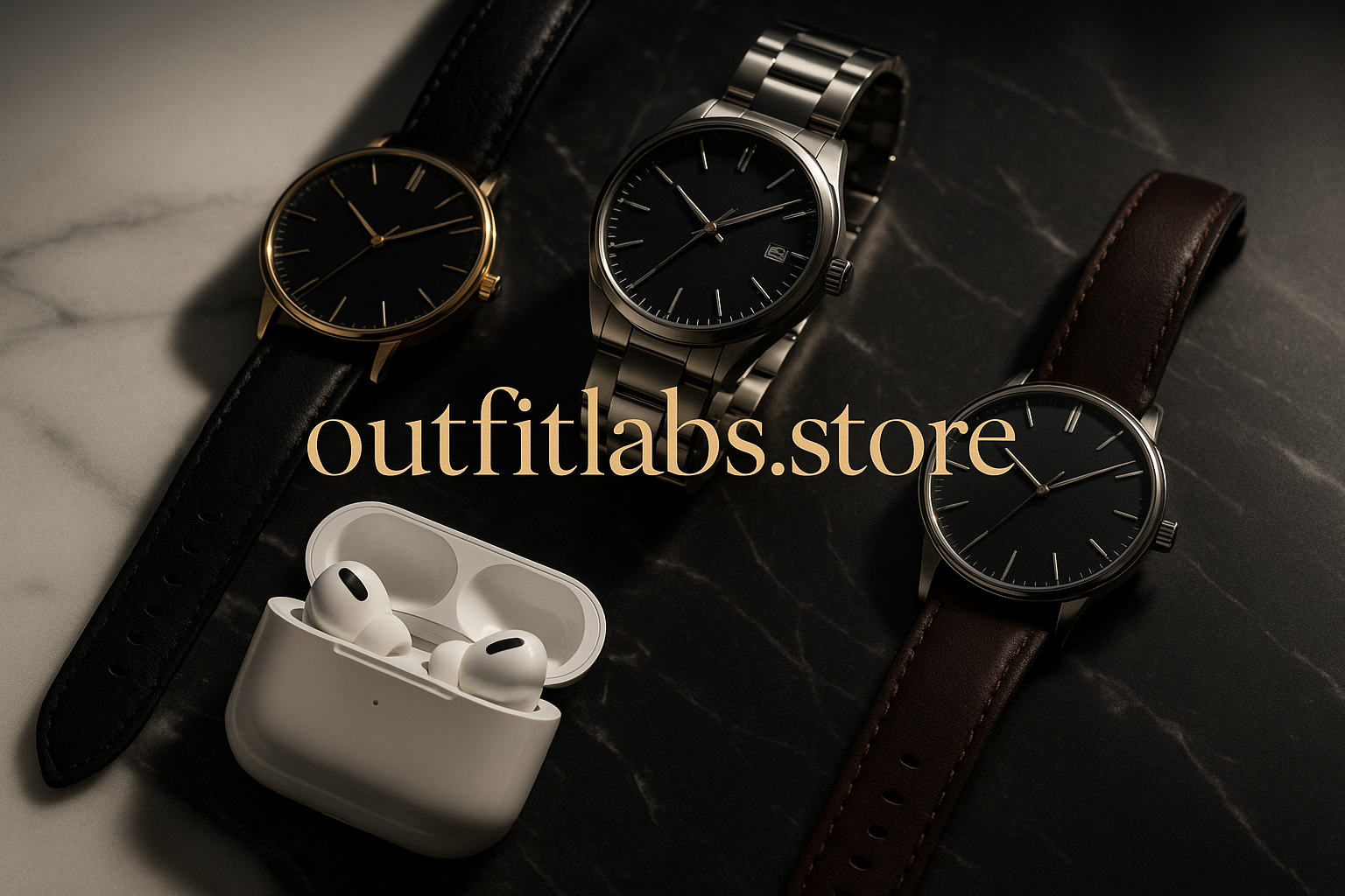 generate a best and luxury image of watches and airpods in which our brand name is also written in stylish font the brand name is outfitlabs.store